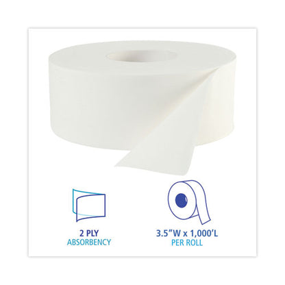 Jrt Bath Tissue, Jumbo, Septic Safe, 2-ply, White, 3.3" X 1,000 Ft, 12 Rolls/carton