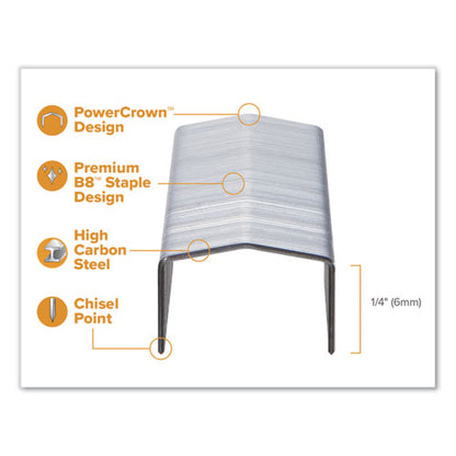 B8 Powercrown Premium Staples, 0.25" Leg, 0.5" Crown, Steel, 5,000/box