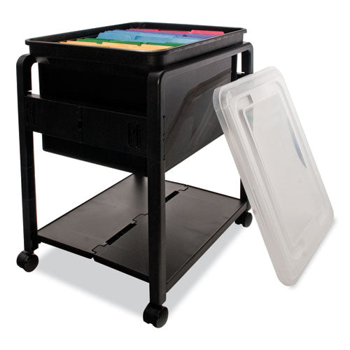 Folding Mobile File Cart, Plastic, 1 Shelf, 1 Bin, 14.5" X 18.5" X 21.75", Black