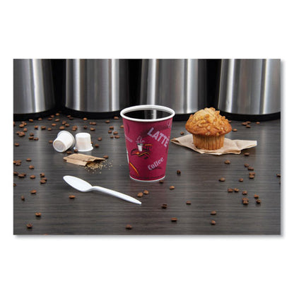 Paper Hot Drink Cups In Bistro Design, 12 Oz, Maroon, 50/bag, 20 Bags/carton