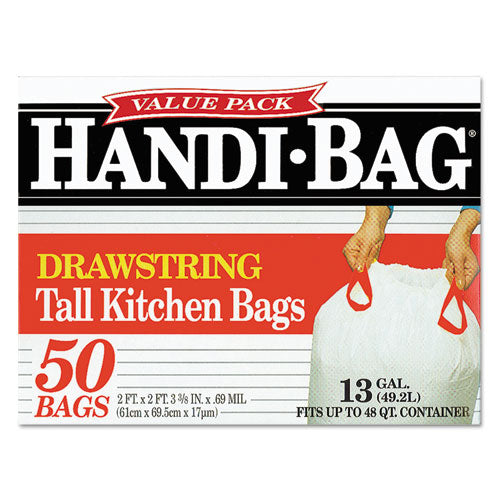 Drawstring Kitchen Bags, 13 Gal, 0.6 Mil, 24" X 27.38", White, 50/box