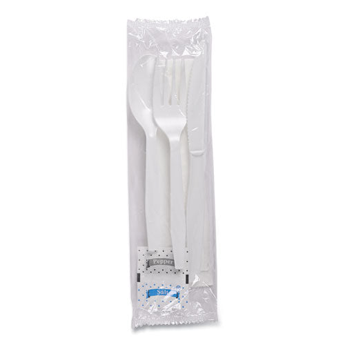 Six-piece Cutlery Kit, Condiment/fork/knife/napkin/teaspoon, White, 250/carton