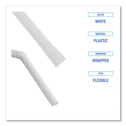 Flexible Wrapped Straws, 7.75", Plastic, White, 500/pack, 20 Packs/carton