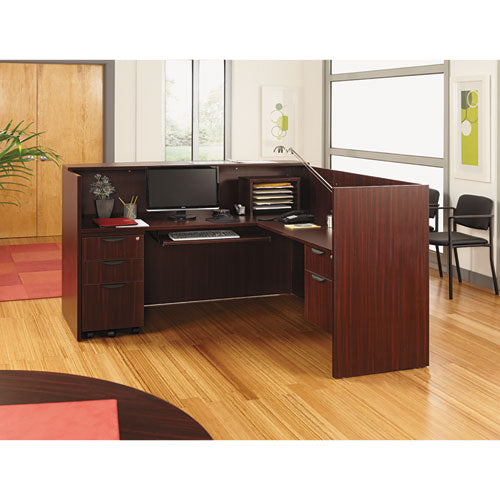 Alera Valencia Series Reception Desk With Transaction Counter, 71" X 35.5" X 29.5" To 42.5", Mahogany