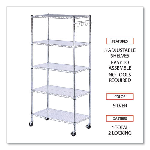 5-shelf Wire Shelving Kit With Casters And Shelf Liners, 36w X 18d X 72h, Silver