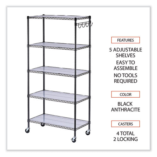 5-shelf Wire Shelving Kit With Casters And Shelf Liners, 36w X 18d X 72h, Black Anthracite