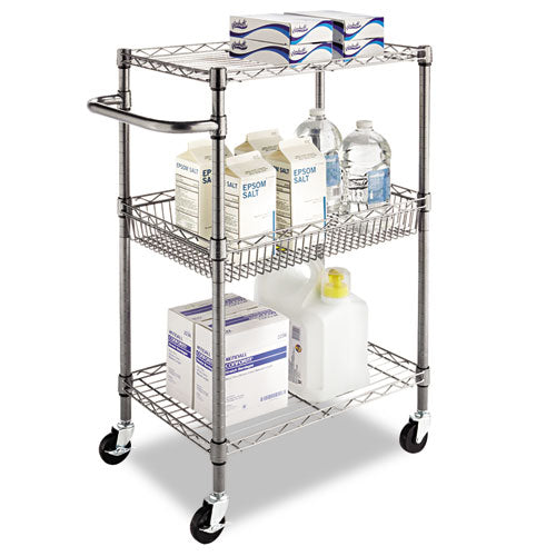 Three-tier Wire Cart With Basket, Metal, 2 Shelves, 1 Bin, 500 Lb Capacity, 28" X 16" X 39", Black Anthracite