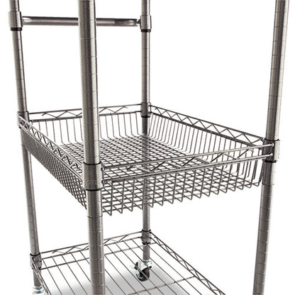 Three-tier Wire Cart With Basket, Metal, 2 Shelves, 1 Bin, 500 Lb Capacity, 28" X 16" X 39", Black Anthracite