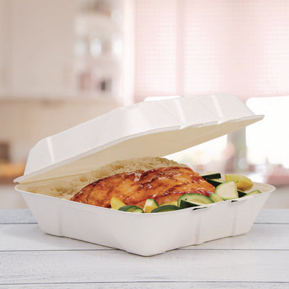 Compostable Fiber Hinged Trays, Proplanet Seal, 8.98 X 9.35 X 2.17, Ivory, Molded Fiber, 200/carton