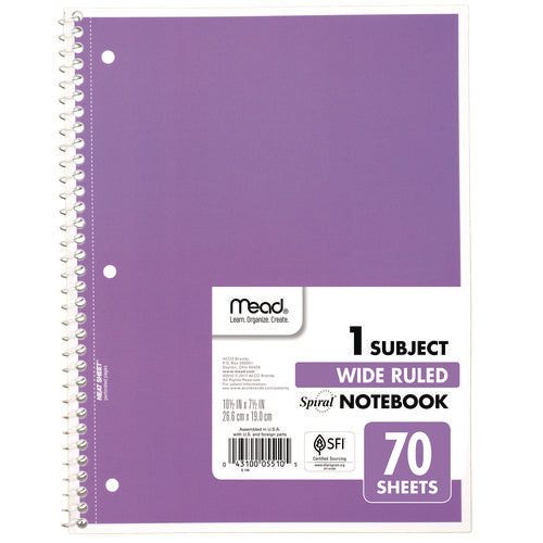 Spiral Notebook, 1-subject, Wide/legal Rule, Randomly Assorted Cover Color, (70) 8 X 10.5 Sheets, 4/pack