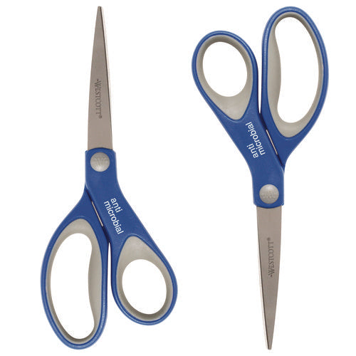 Scissors With Antimicrobial Protection, 8" Length, 3.25" Cut Length, Blue/gray Straight Handle, 2/pack