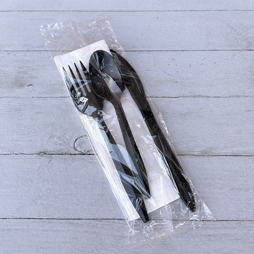 Four-piece Cutlery Kit, Fork/knife/teaspoon/napkin, Mediumweight, Black, 250/carton