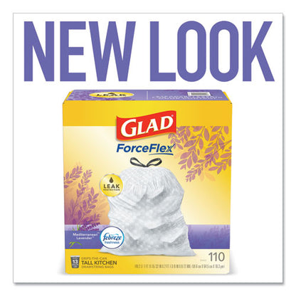 Glad Odorshield With Febreze, Drawstring, 13 Gal, Mediterranean Lavender Scent, 10.18" X 9.81", White, 110/box