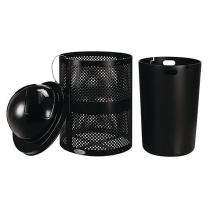 Outdoor Perforated Steel Trash Can With Dome Lid, 36 Gal, Steel, Black