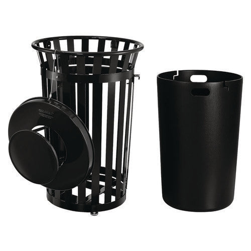 Outdoor Slatted Steel Trash Can, With Access Door And Rain Bonnet Lid, 36 Gal, Black