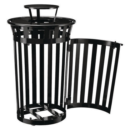 Outdoor Slatted Steel Trash Can, With Access Door And Rain Bonnet Lid, 36 Gal, Black