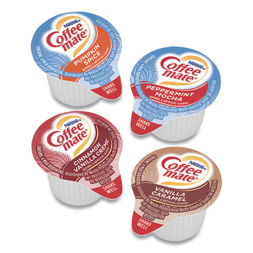 Liquid Coffee Creamer, Cinnamon/peppermint/pumpkin/vanilla, 0.38 Oz Mini Cups, 50/pack, 4 Packs/carton