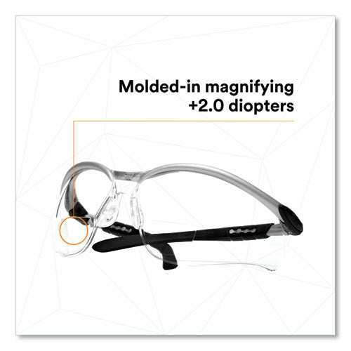 Bx Molded-in Diopter Safety Glasses, 2.0+ Diopter Strength, Silver/black Frame, Clear Lens